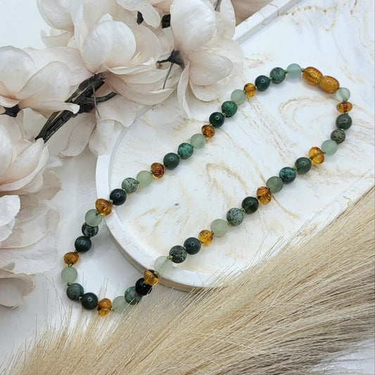 Babyhalskette Moosachat / Afr. Türkis/ Fluorit